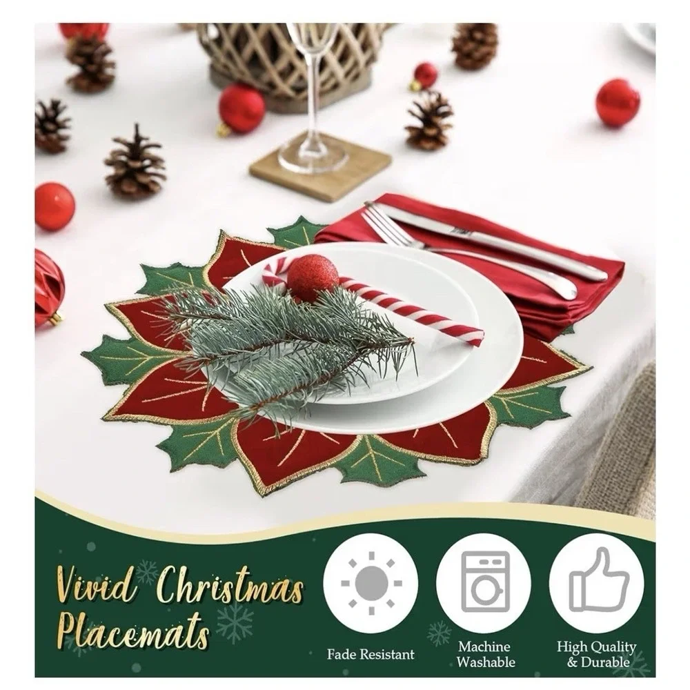 Christmas Placemats Set of 6 Christmas 14 x 14 Inch Poinsettia Style [i]